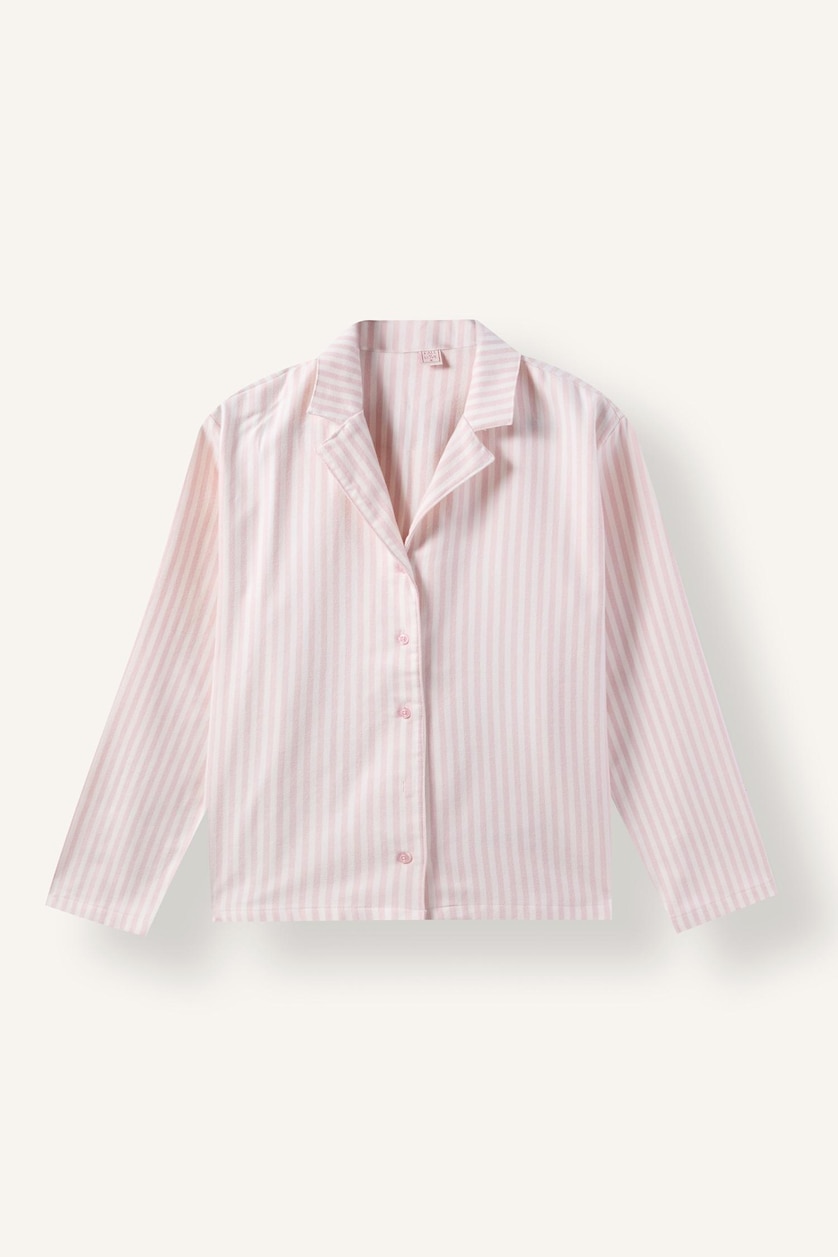 Kadın Açık Pembe Regular Fit Flanel Çizgili Uzun Kollu Üst Uzun Alt Pijama Takımı