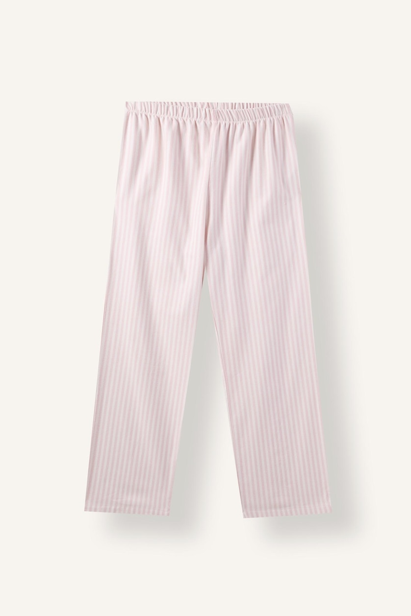 Kadın Açık Pembe Regular Fit Flanel Çizgili Uzun Kollu Üst Uzun Alt Pijama Takımı