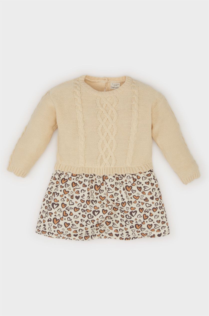 BABY GIRL Beige Baby Girl Long Sleeve Skirt Patterned Dress