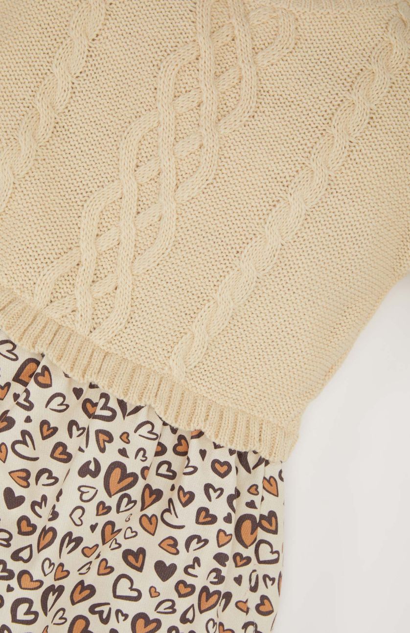 BABY GIRL Beige Baby Girl Long Sleeve Skirt Patterned Dress