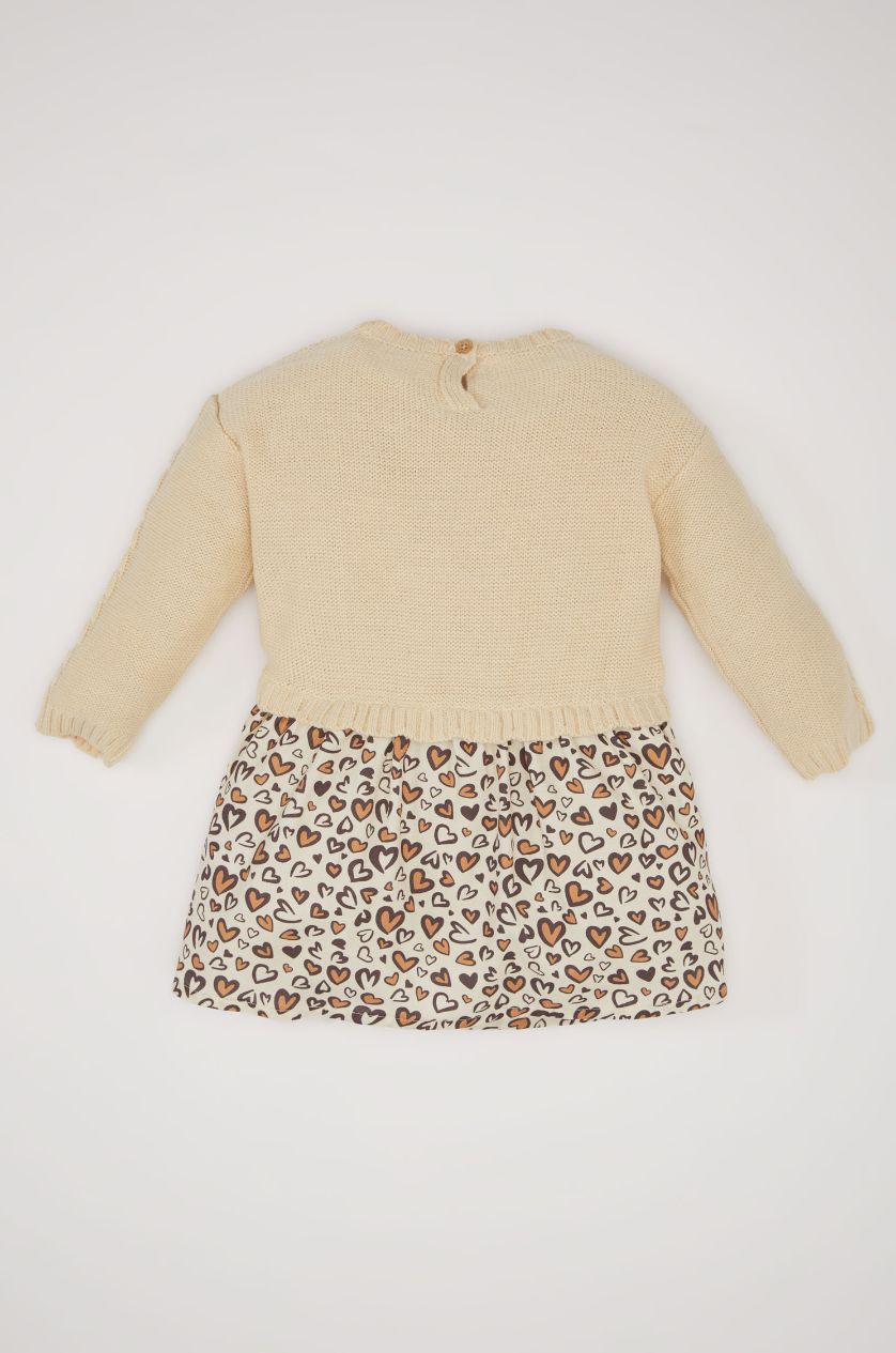 BABY GIRL Beige Baby Girl Long Sleeve Skirt Patterned Dress