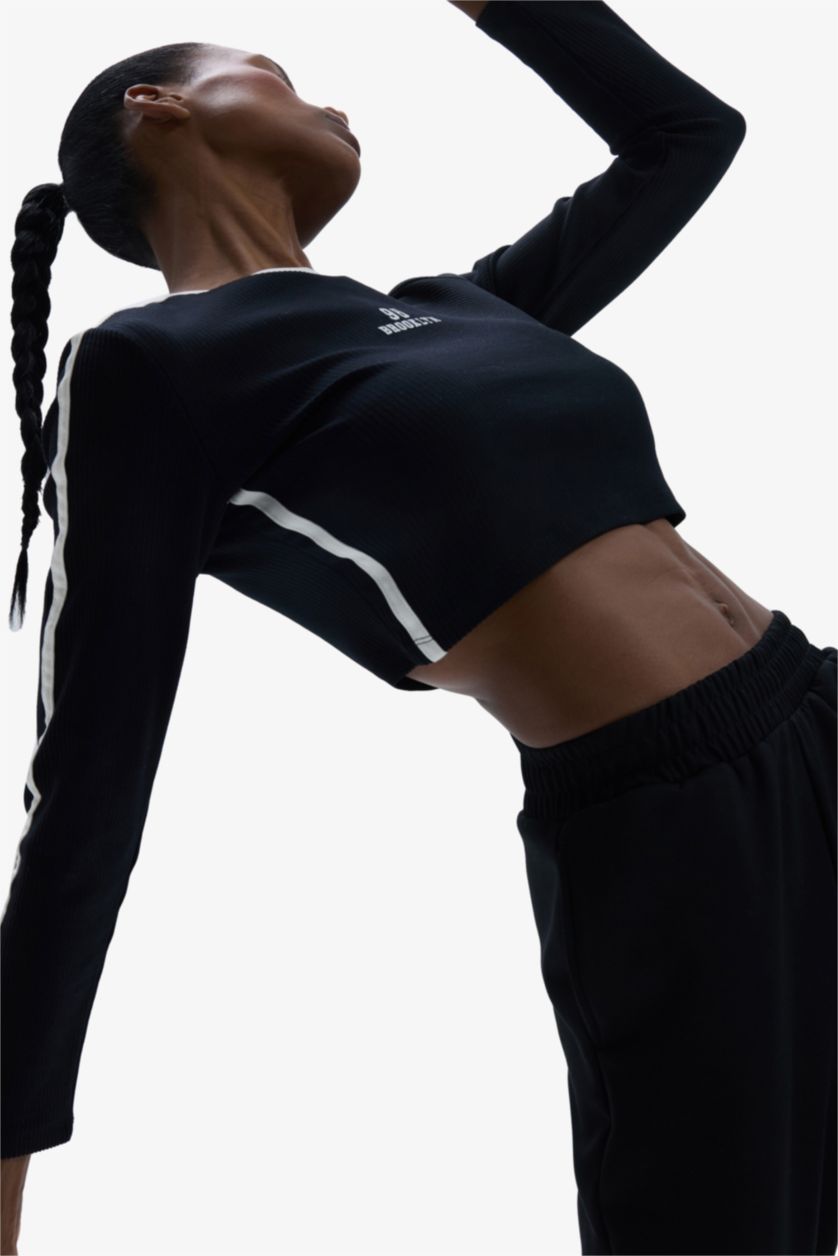 Kadın Siyah Slim Fit Dar Kesim Bisiklet Yaka Baskılı Sporcu Uzun Kollu Tişört