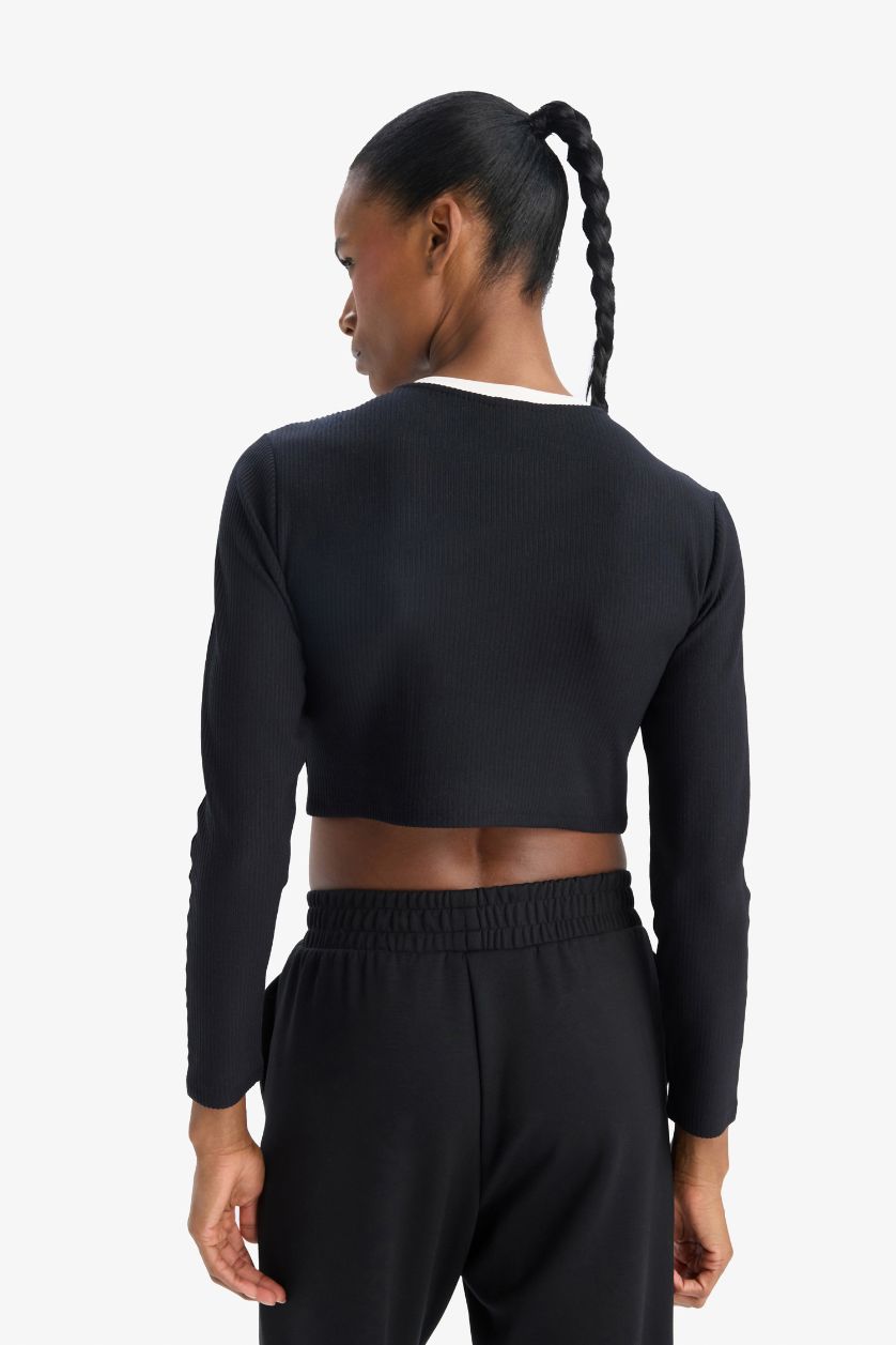 Kadın Siyah Slim Fit Dar Kesim Bisiklet Yaka Baskılı Sporcu Uzun Kollu Tişört