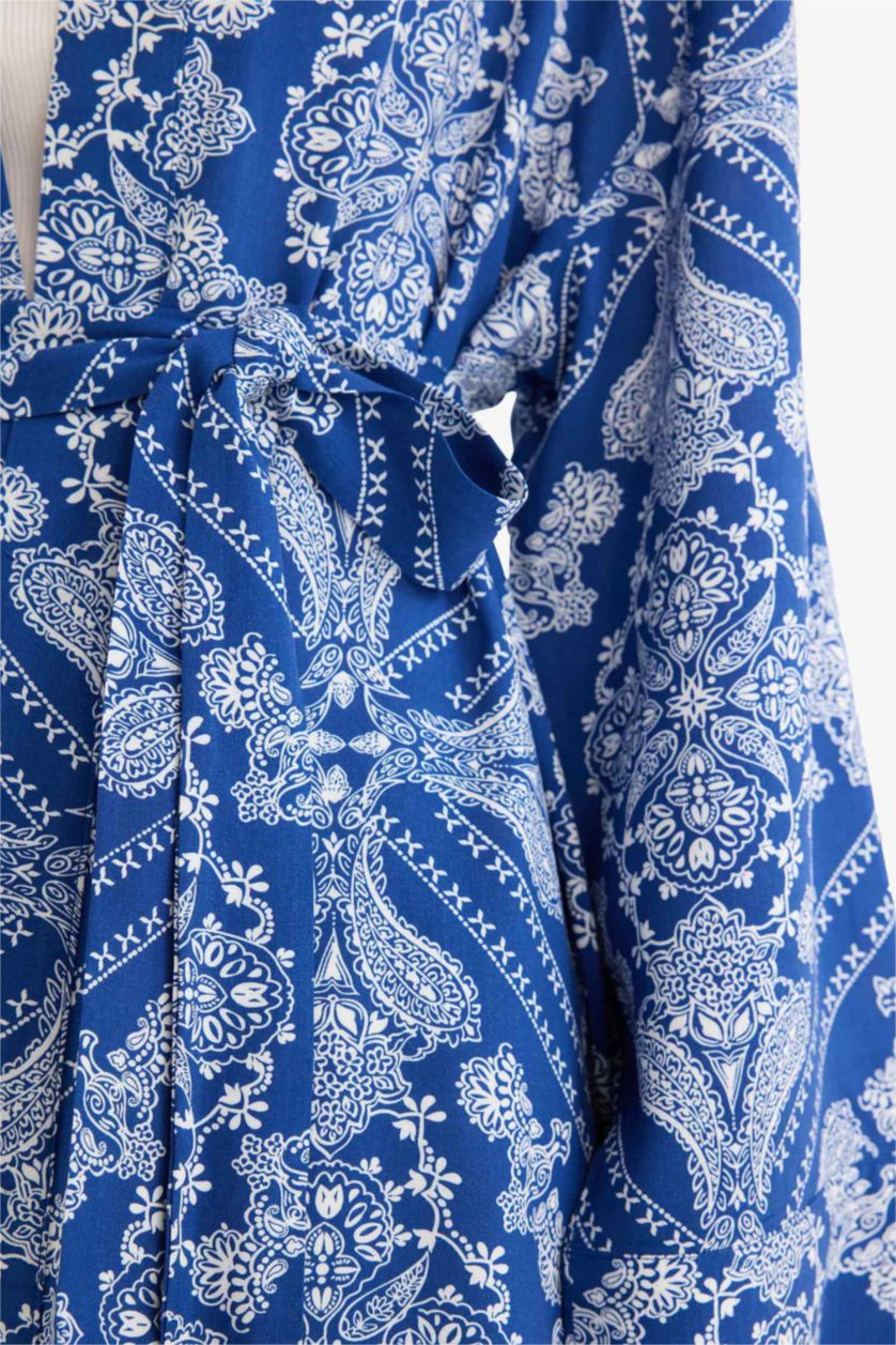 Kadın Royal Relax Fit Bisiklet Yaka Desenli Viskon Kimono