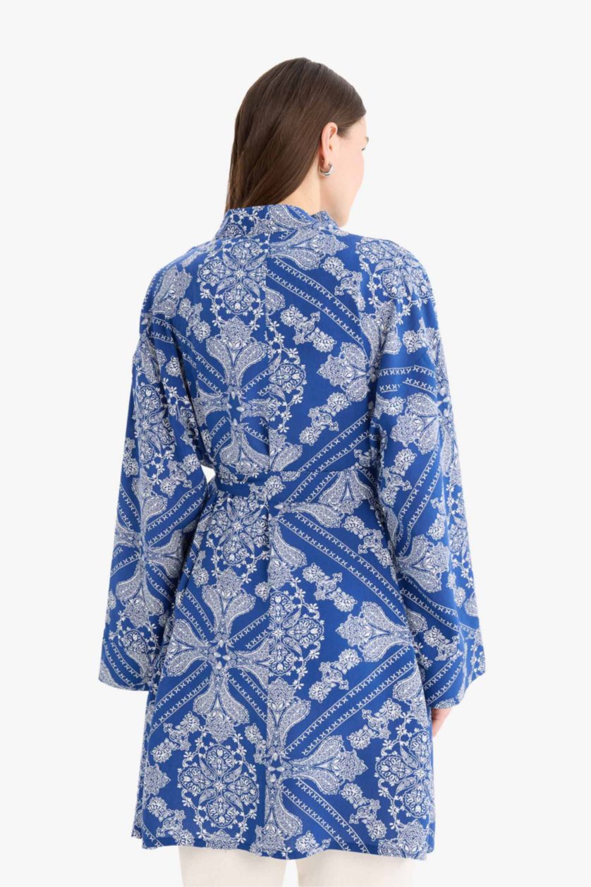 Kadın Royal Relax Fit Bisiklet Yaka Desenli Viskon Kimono