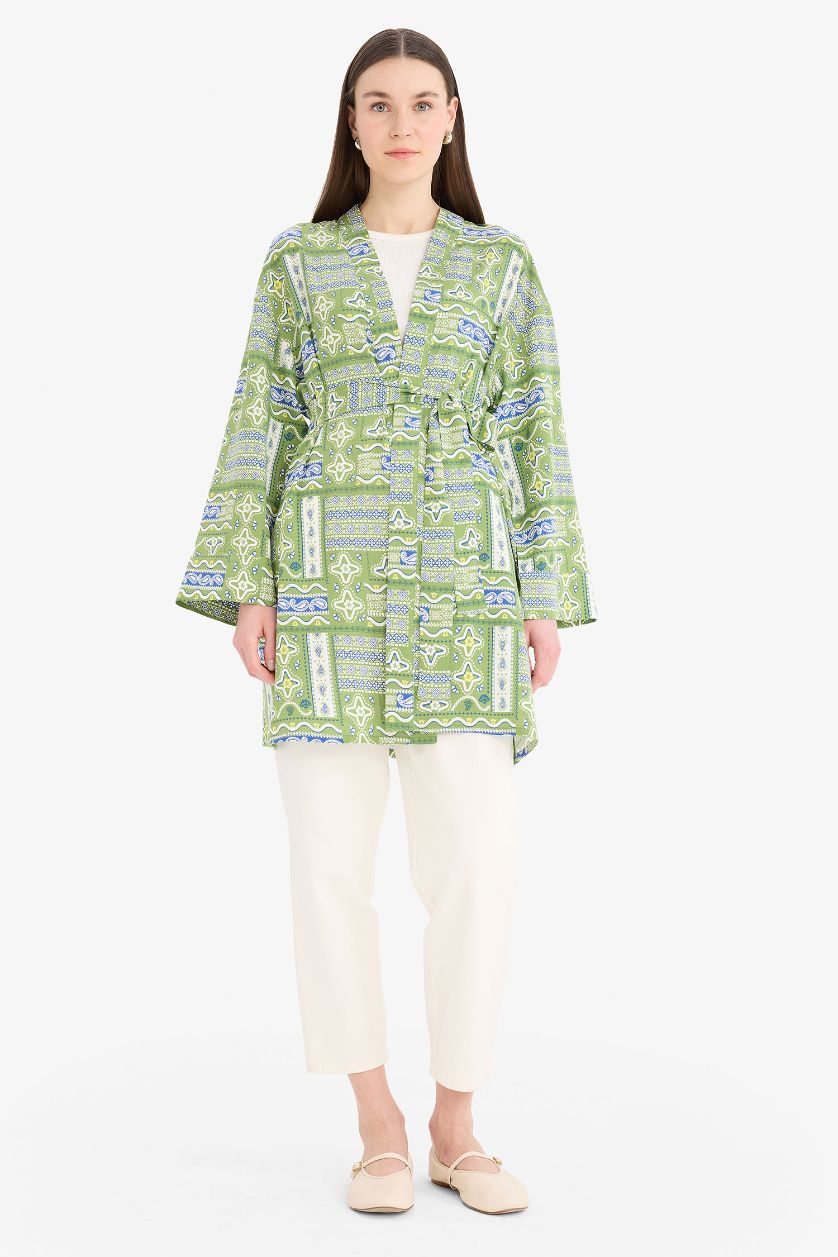 Kadın Yeşil Relax Fit Bisiklet Yaka Desenli Viskon Kimono