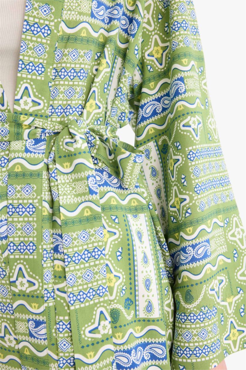 Kadın Yeşil Relax Fit Bisiklet Yaka Desenli Viskon Kimono