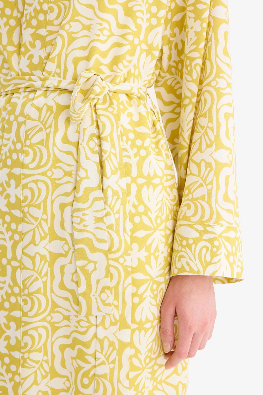 حريمي أخضر كيمونو فلورال فيسكوز قصة مريحة بياقة مستديرة أصفر