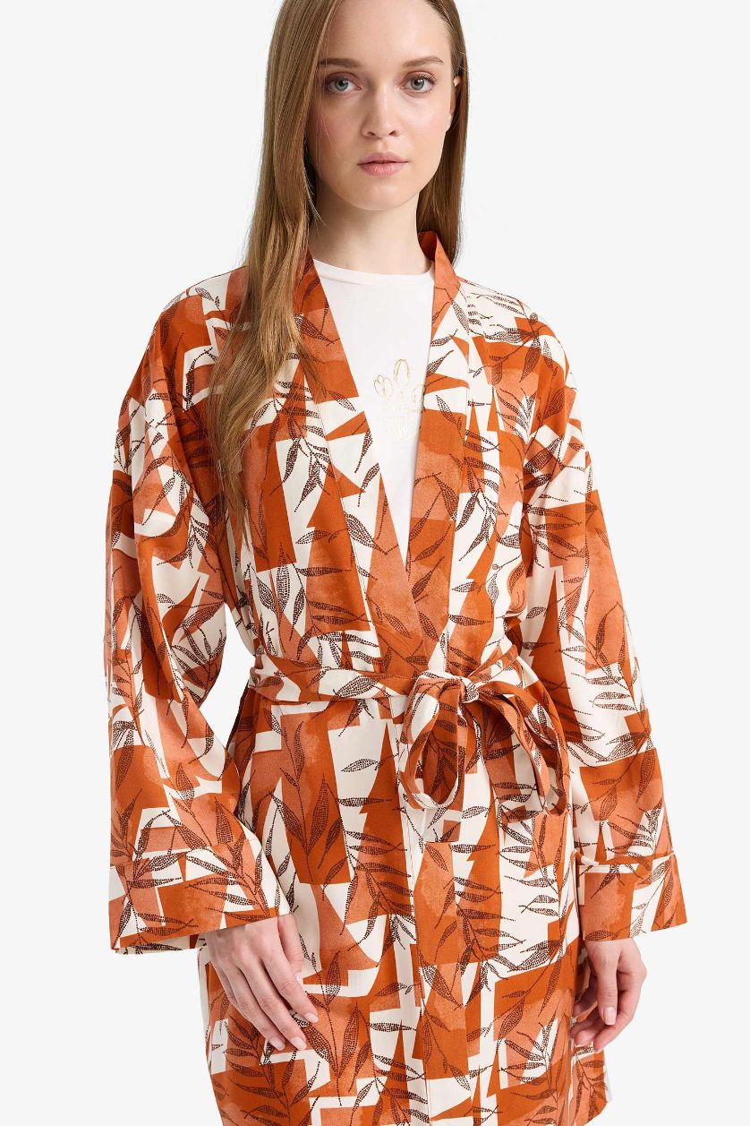 Kadın Koyu Turuncu Relax Fit Bisiklet Yaka Desenli Viskon Kimono