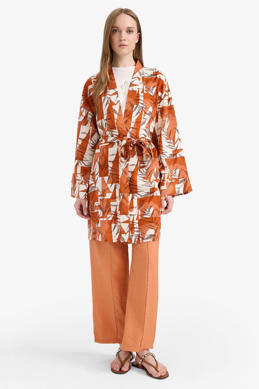 Kadın Koyu Turuncu Relax Fit Bisiklet Yaka Desenli Viskon Kimono