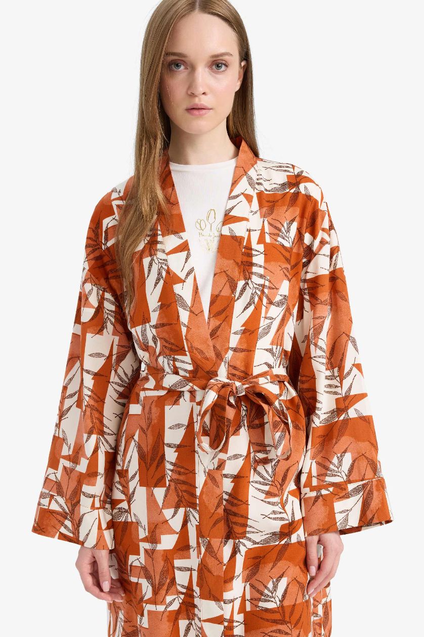 Kadın Koyu Turuncu Relax Fit Bisiklet Yaka Desenli Viskon Kimono