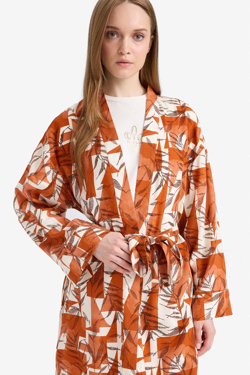 Kadın Koyu Turuncu Relax Fit Bisiklet Yaka Desenli Viskon Kimono
