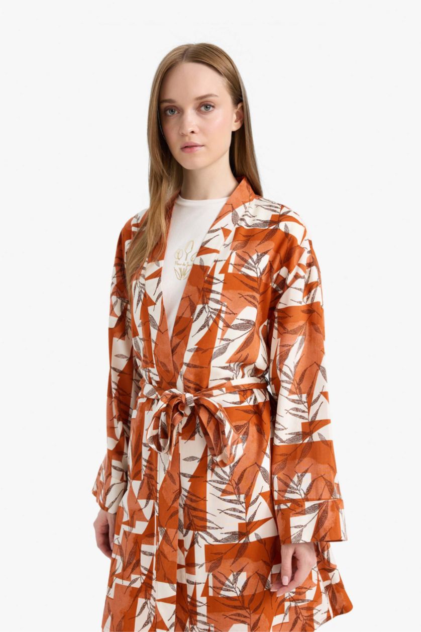 Kadın Koyu Turuncu Relax Fit Bisiklet Yaka Desenli Viskon Kimono
