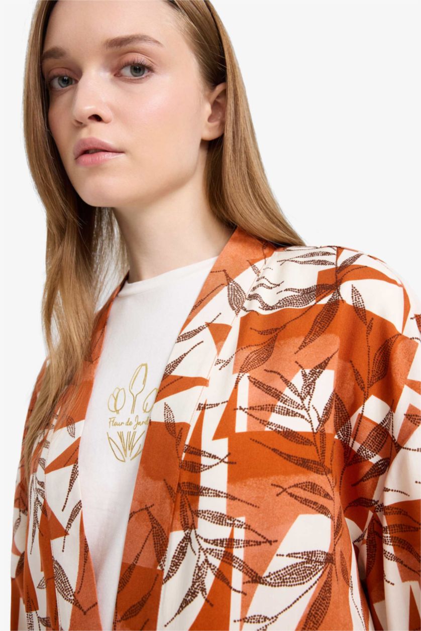 Kadın Koyu Turuncu Relax Fit Bisiklet Yaka Desenli Viskon Kimono