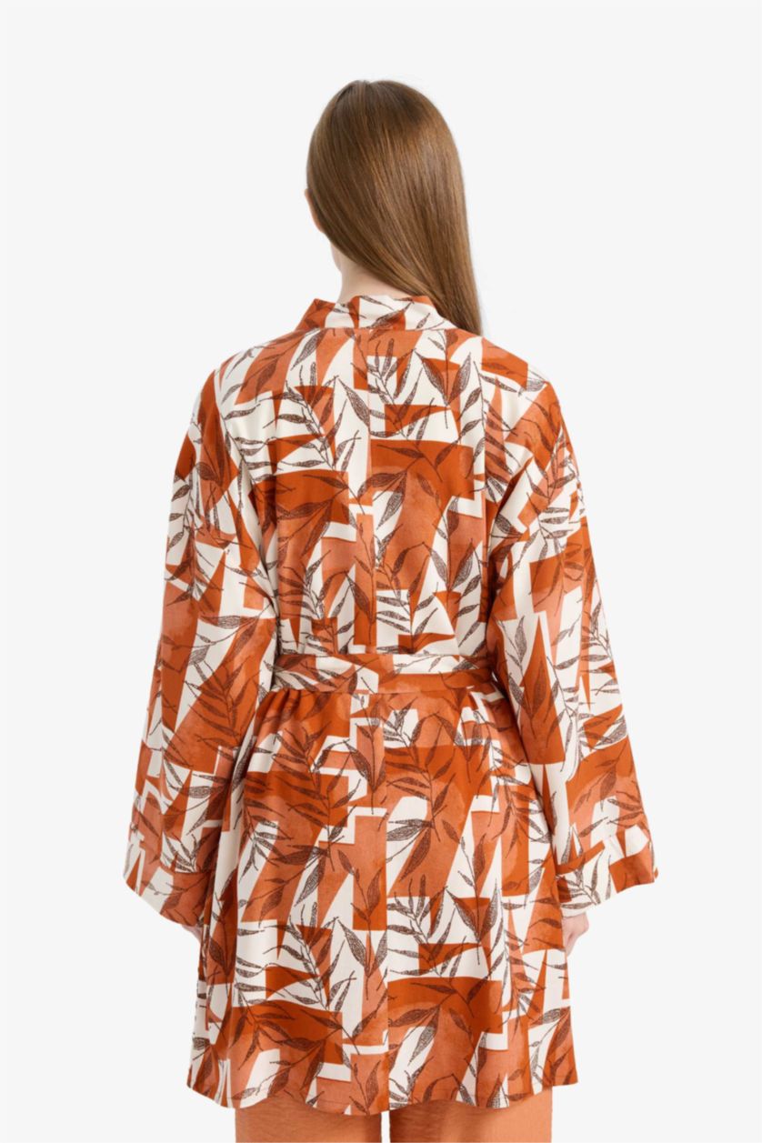 Kadın Koyu Turuncu Relax Fit Bisiklet Yaka Desenli Viskon Kimono