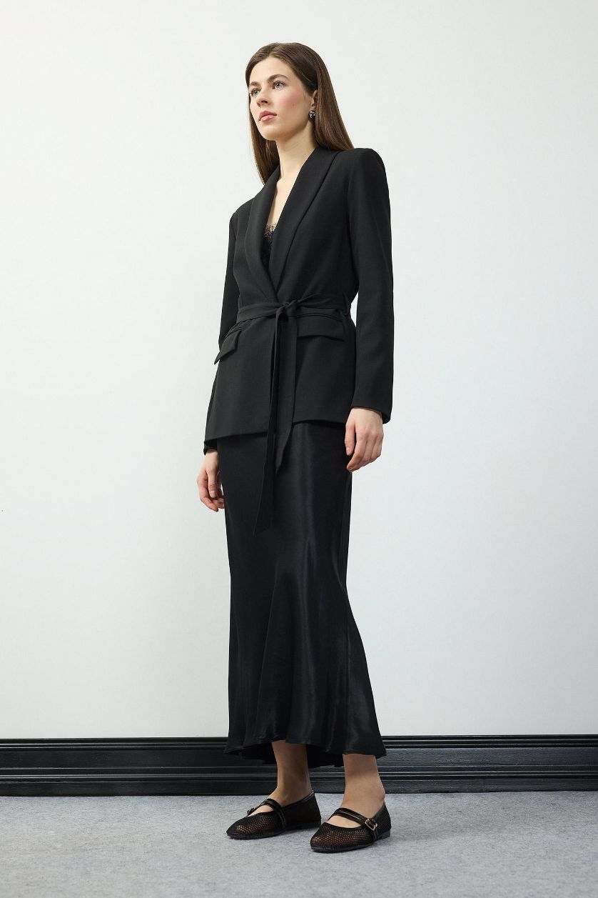 Kadın Siyah A Kesim Yüksek Bel Saten Midi Etek