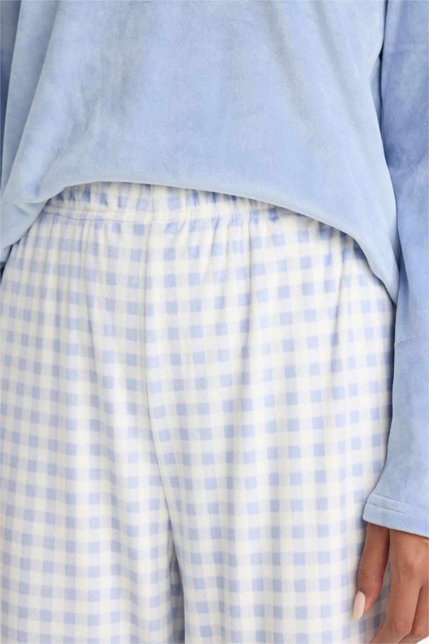 Woman Blue Regular Fit Velour Top Bottoms 2 Piece Pyjama Set