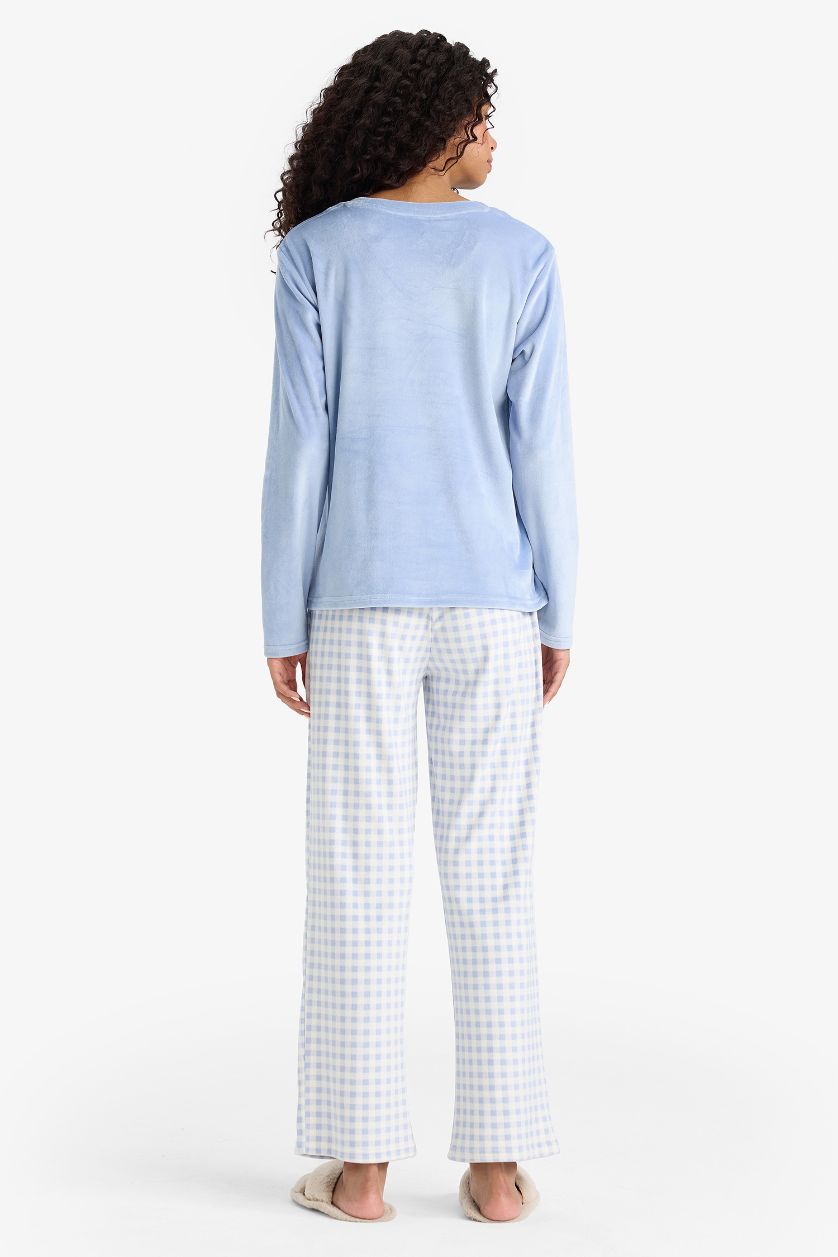 Woman Blue Regular Fit Velour Top Bottoms 2 Piece Pyjama Set