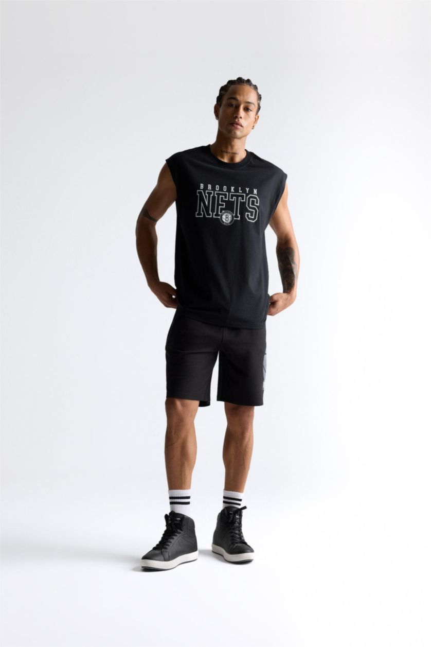 Erkek Siyah %100 Pamuk NBA Brooklyn Nets Oversize Geniş Kalıp Bisiklet Yaka Atlet