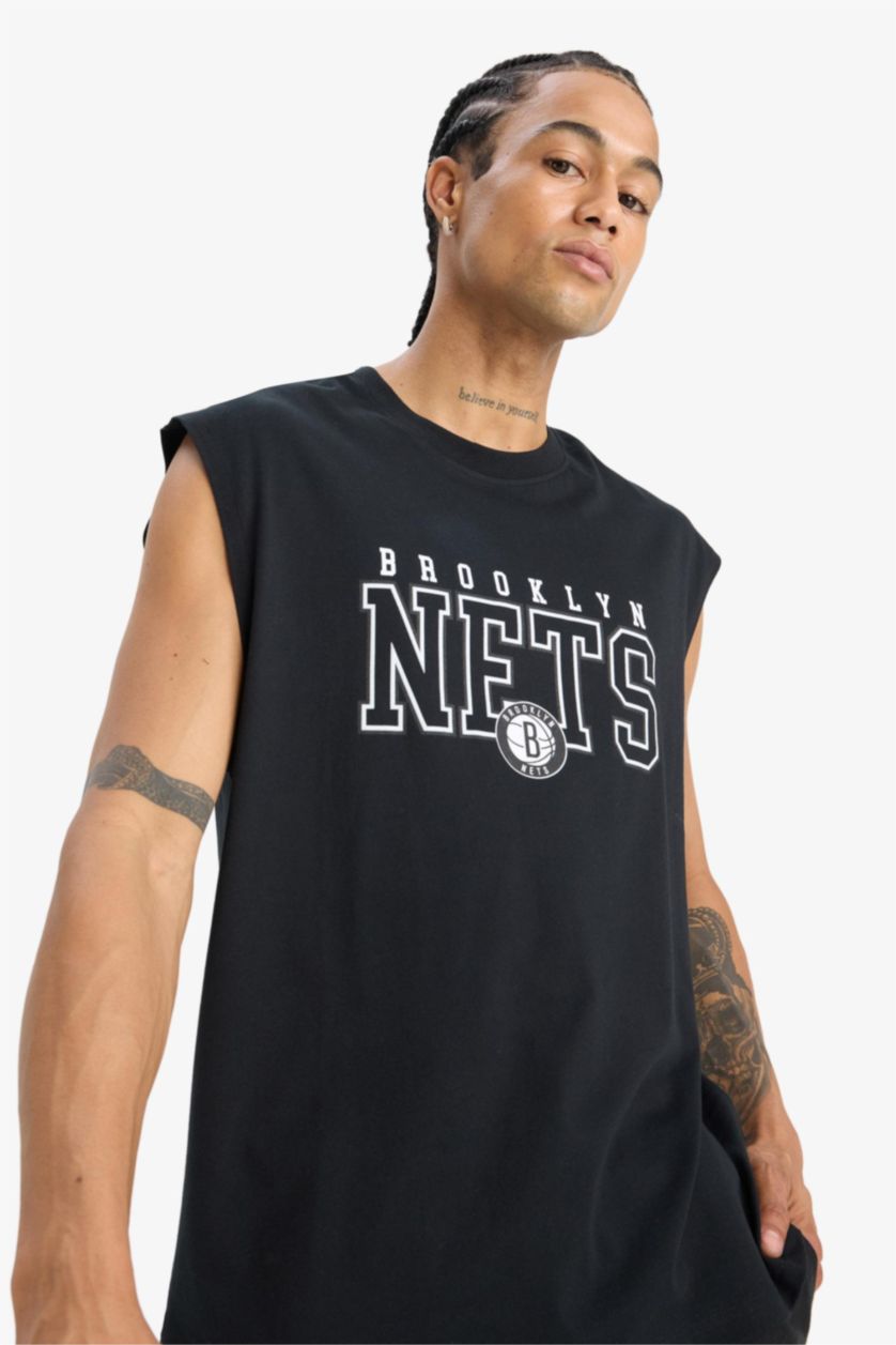 Erkek Siyah %100 Pamuk NBA Brooklyn Nets Oversize Geniş Kalıp Bisiklet Yaka Atlet