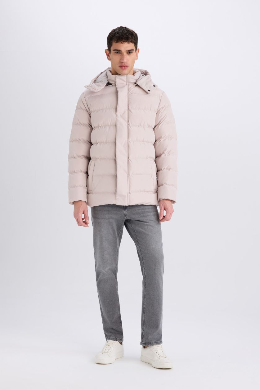 رجال اللون الحجري قمصلة نفخ قصة عادية بغطاء للرأس بسحاب وجيب