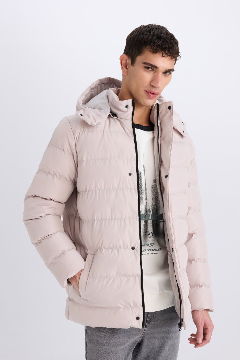 رجال اللون الحجري قمصلة نفخ قصة عادية بغطاء للرأس بسحاب وجيب