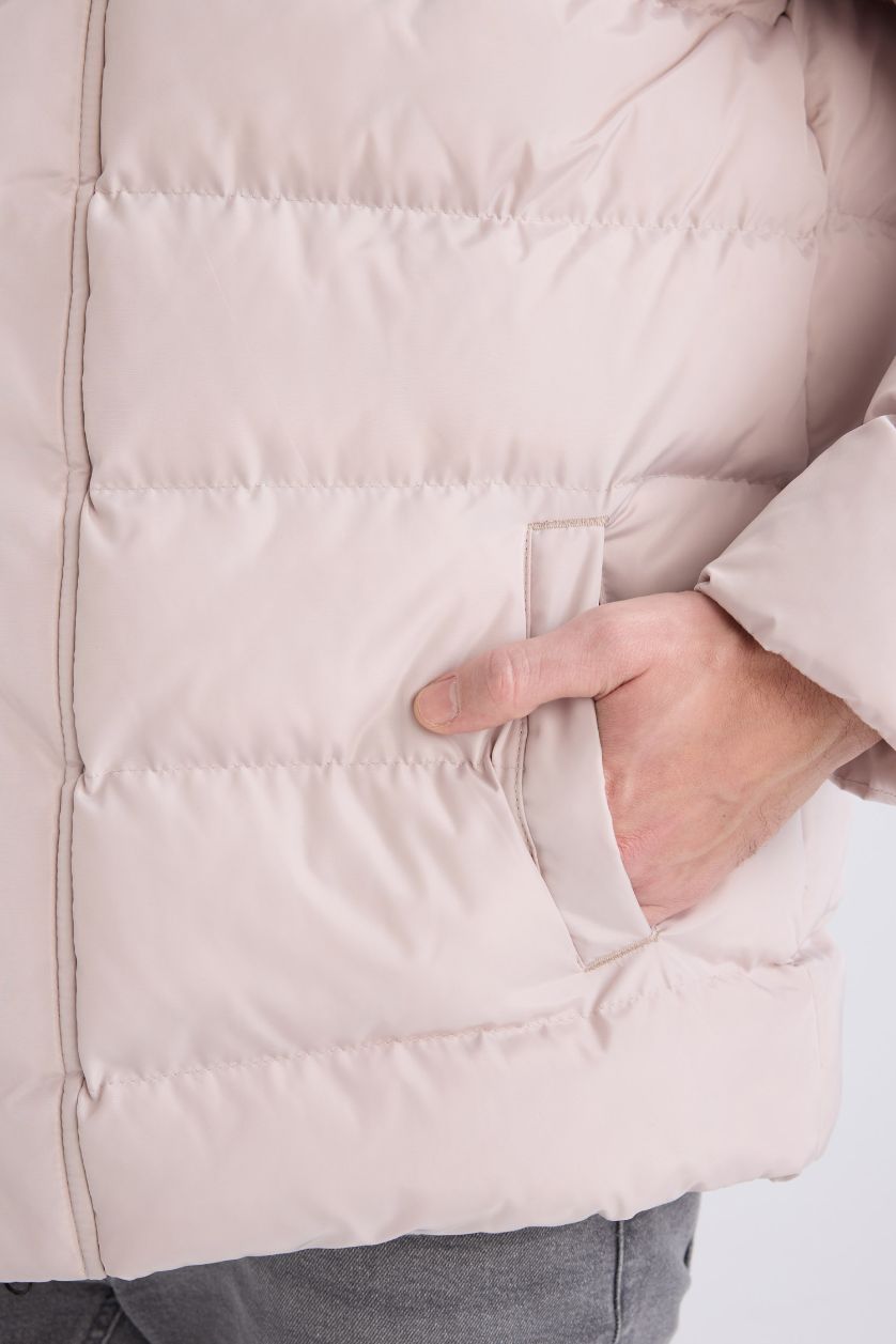 رجال اللون الحجري قمصلة نفخ قصة عادية بغطاء للرأس بسحاب وجيب