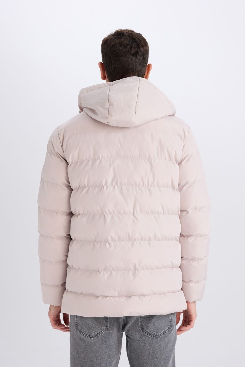 رجال اللون الحجري قمصلة نفخ قصة عادية بغطاء للرأس بسحاب وجيب