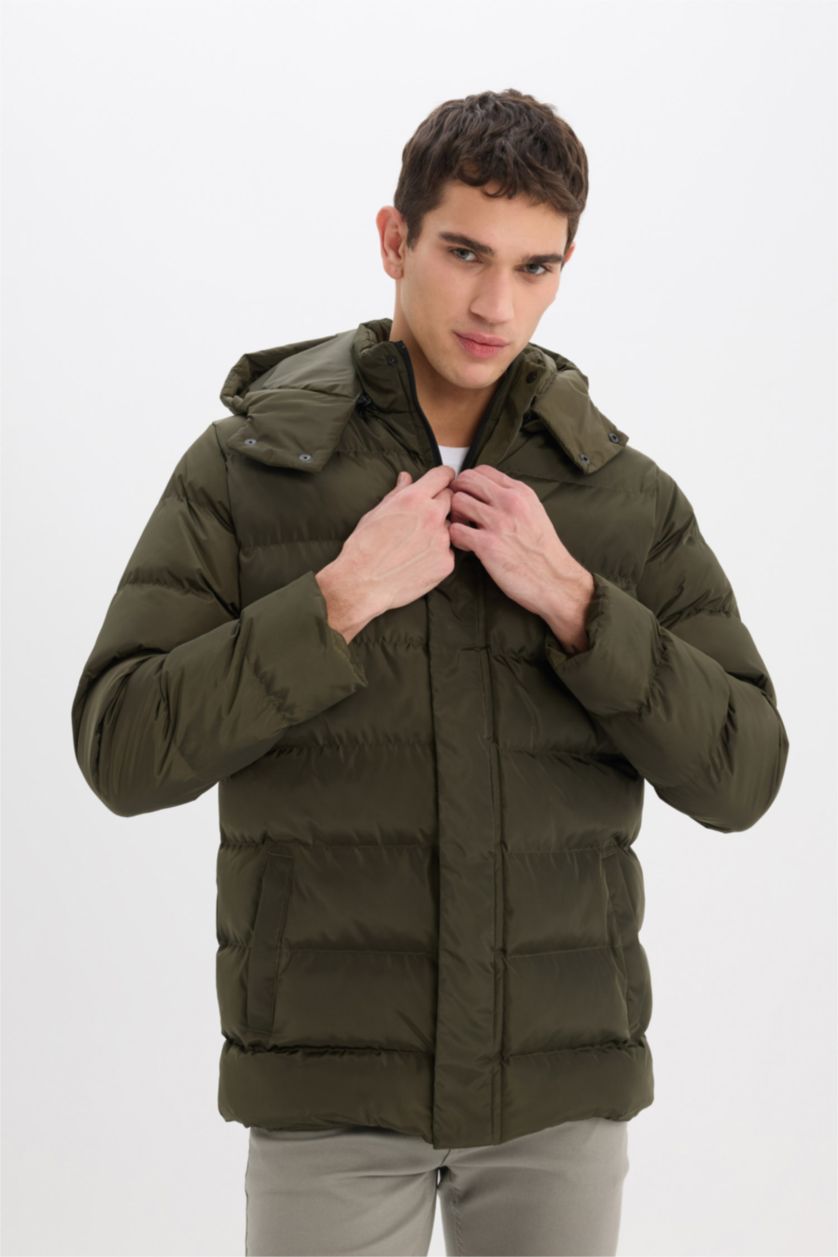 رجال كاكي قمصلة نفخ قصة عادية بغطاء للرأس بسحاب وجيب