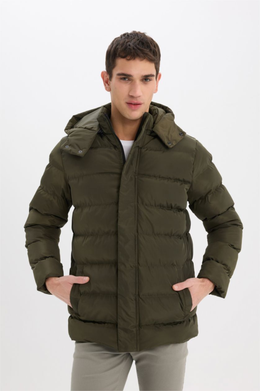 رجال كاكي قمصلة نفخ قصة عادية بغطاء للرأس بسحاب وجيب