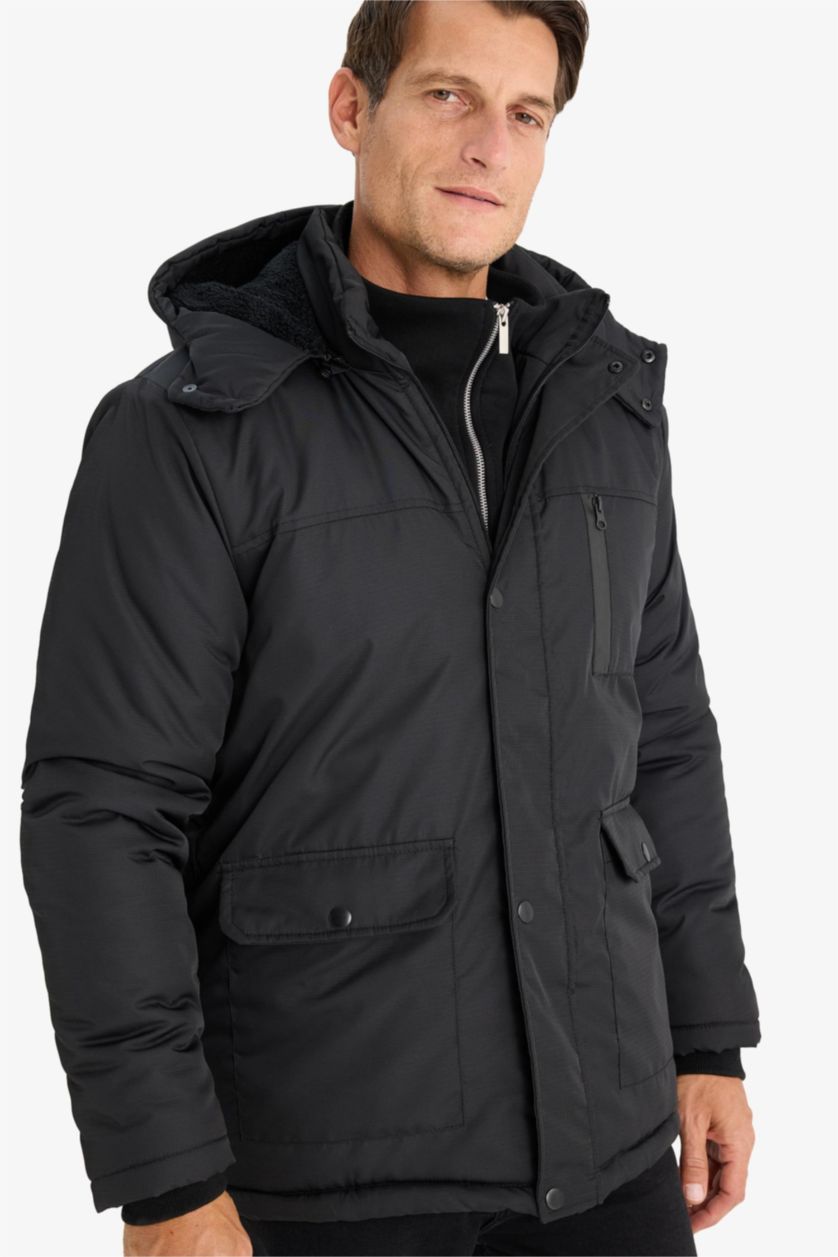 HOMME Noir Manteau à capuche imperméable avec doublure en polaire