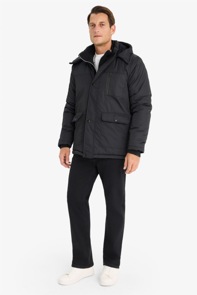 HOMME Noir Manteau à capuche imperméable avec doublure en polaire
