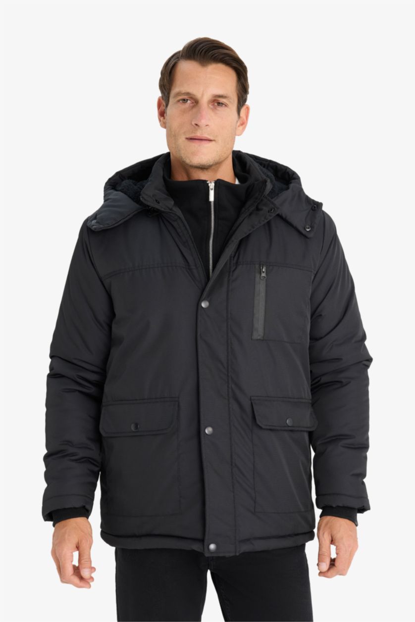 HOMME Noir Manteau à capuche imperméable avec doublure en polaire