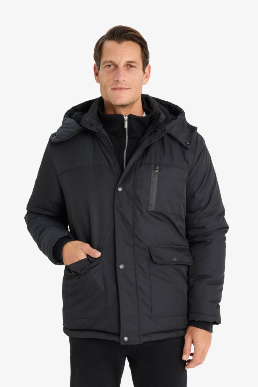 HOMME Noir Manteau à capuche imperméable avec doublure en polaire