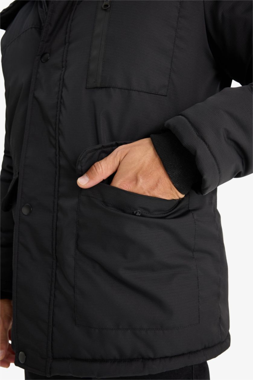 HOMME Noir Manteau à capuche imperméable avec doublure en polaire