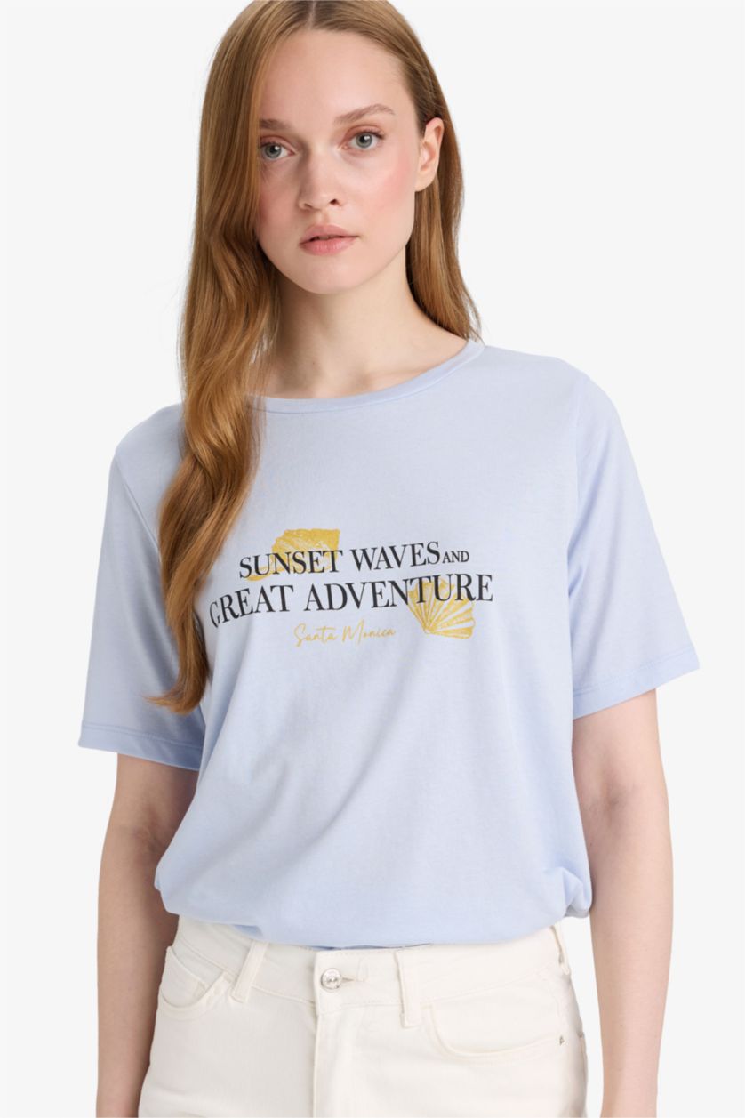 WOMAN Light Blue Regular Fit Crew Neck Short Sleeve T-Shirt