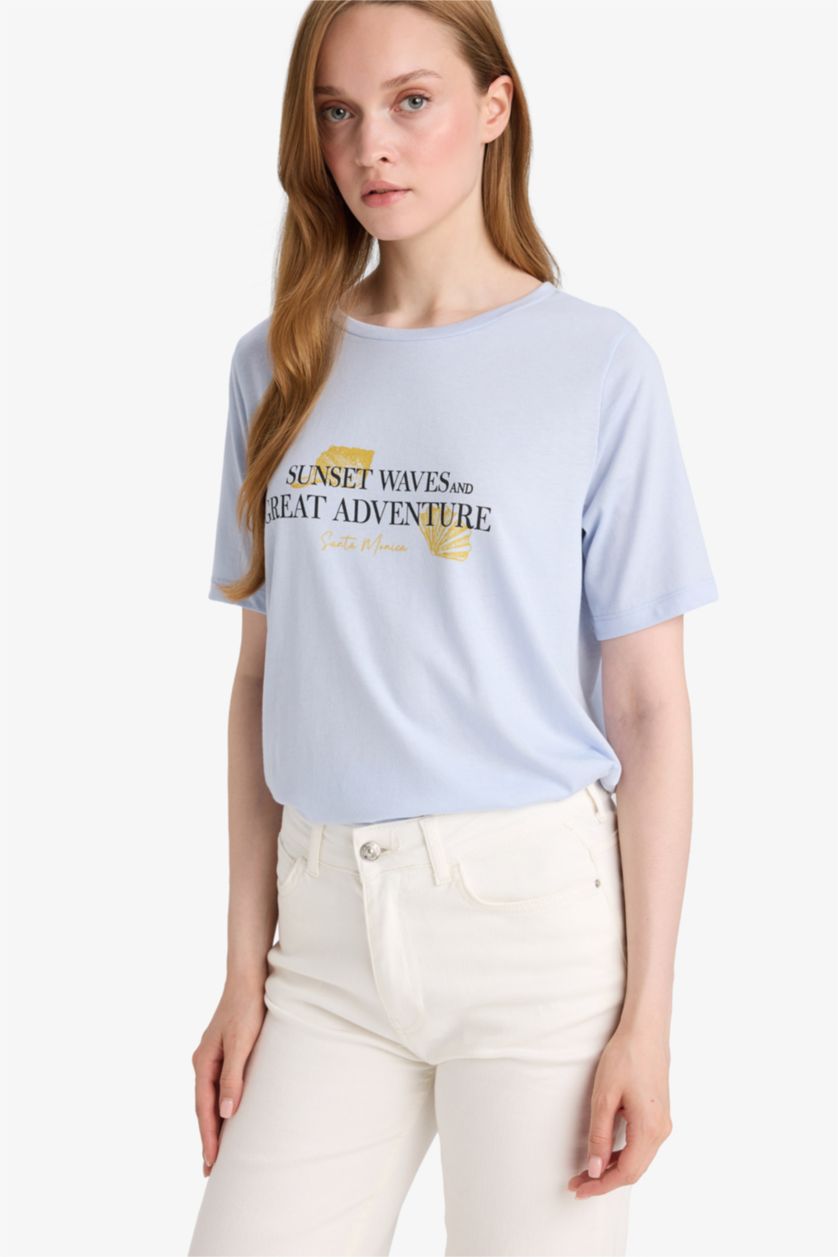 WOMAN Light Blue Regular Fit Crew Neck Short Sleeve T-Shirt