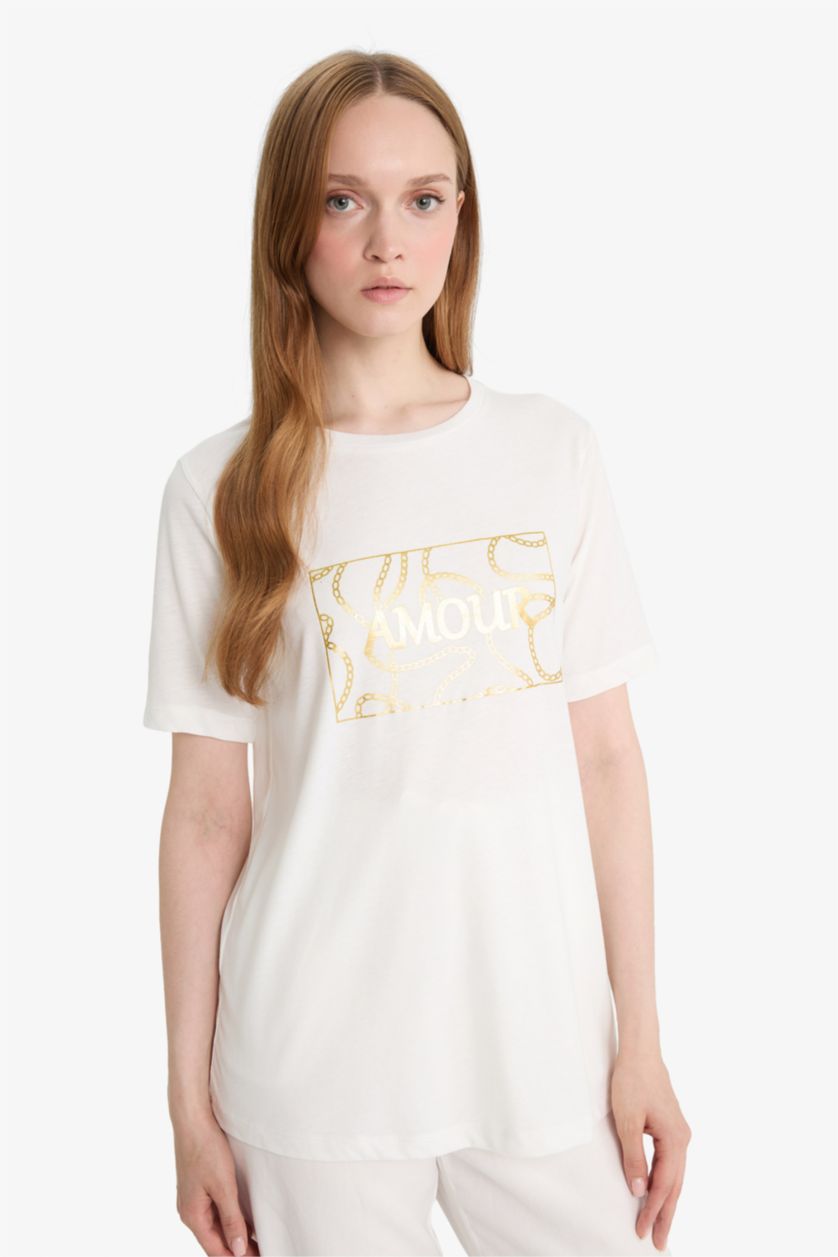 WOMAN Ecru Regular Fit Short Sleeve T-Shirt