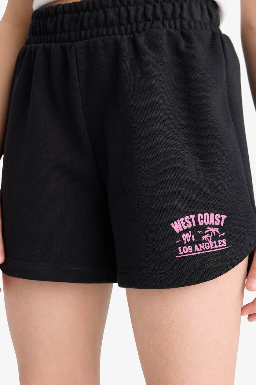 Kız Çocuk - Genç Kız Siyah Beli Lastikli Baskılı Şort Kız Çocuk