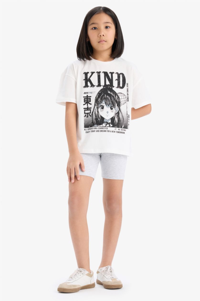 Girls & Teens Ecru Girl Cotton Printed T-Shirt Biker Leggings 2 Piece Set