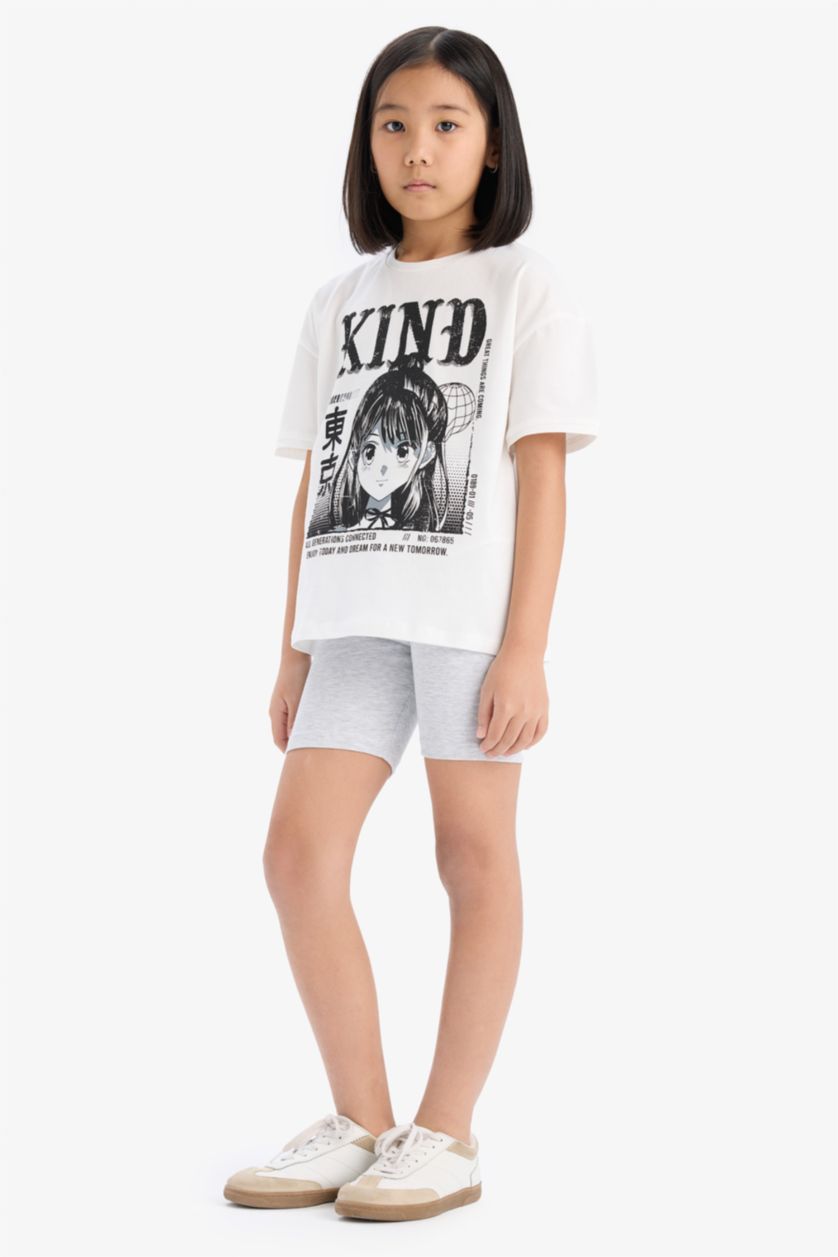 Girls & Teens Ecru Girl Cotton Printed T-Shirt Biker Leggings 2 Piece Set