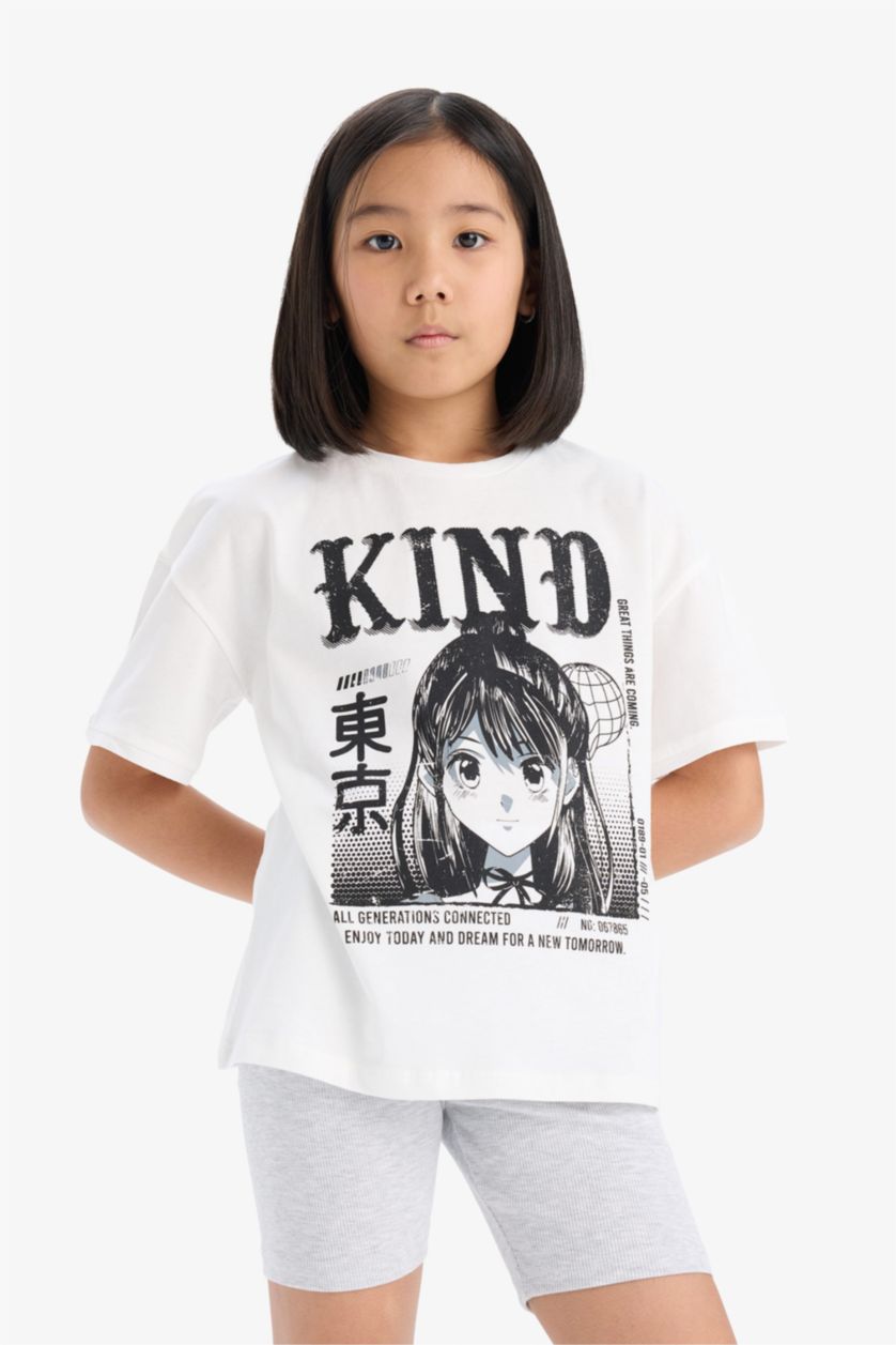 Girls & Teens Ecru Girl Cotton Printed T-Shirt Biker Leggings 2 Piece Set