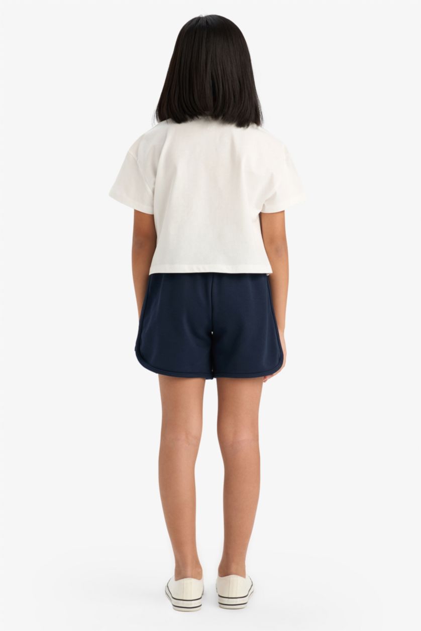 Kız Çocuk - Genç Kız Ekru Pamuklu 2'li Takım Baskılı Kısa Kollu Tişört Beli Lastikli Şort Kız Çocuk