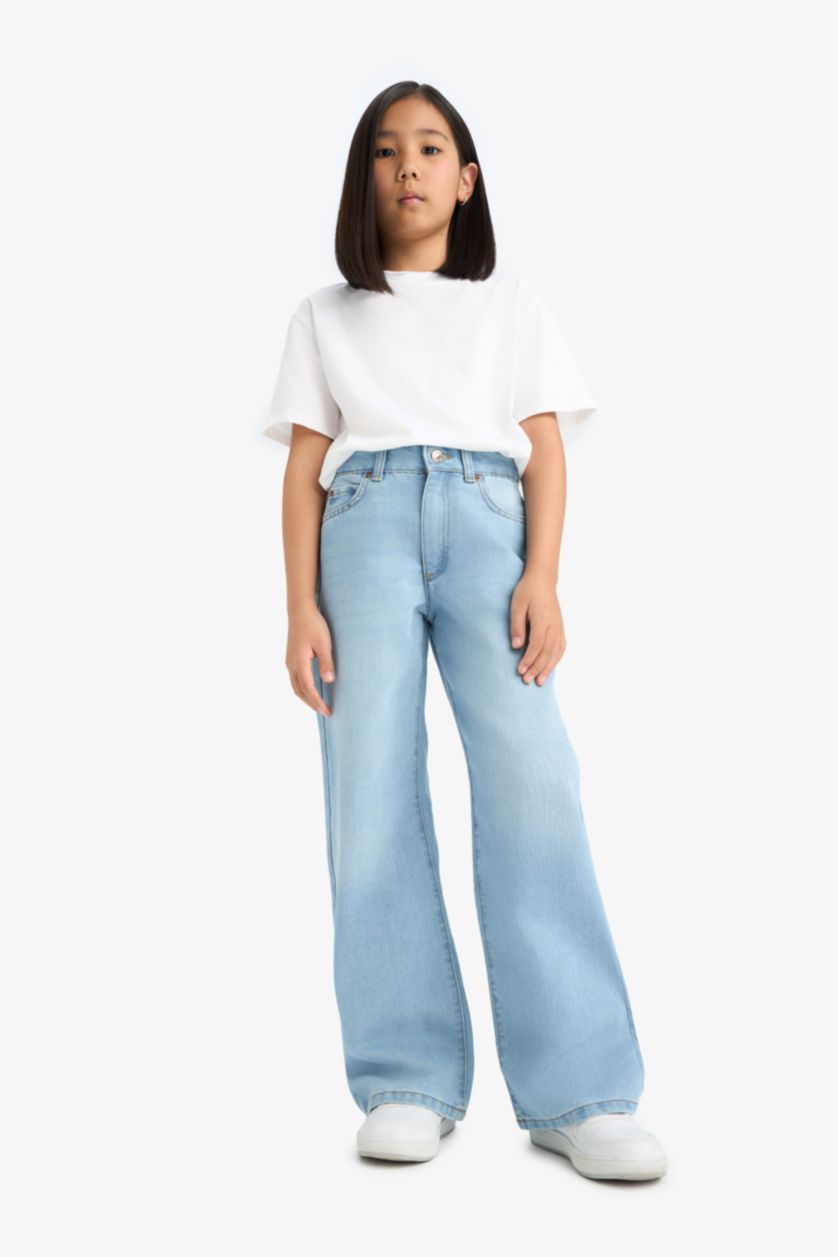 Kız Çocuk - Genç Kız Açık Mavi Straight Wide Standart Paça Jean Pantolon Kız Çocuk