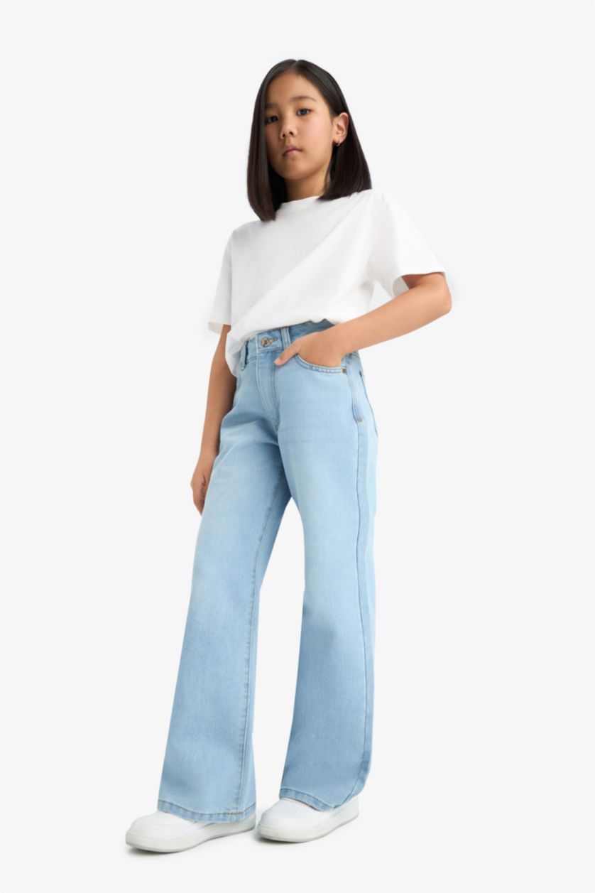 Kız Çocuk - Genç Kız Açık Mavi Straight Wide Standart Paça Jean Pantolon Kız Çocuk