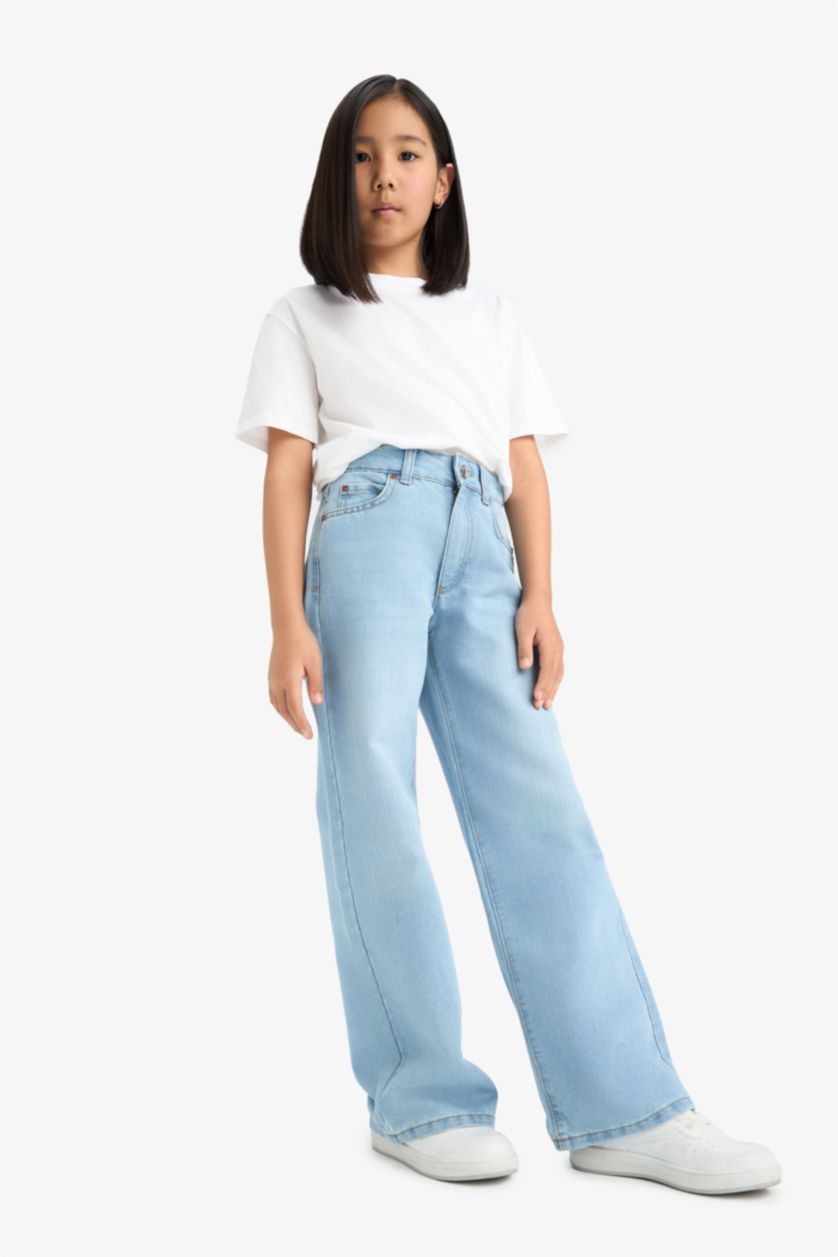 Kız Çocuk - Genç Kız Açık Mavi Straight Wide Standart Paça Jean Pantolon Kız Çocuk