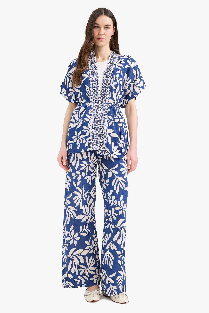 WOMAN Blue Regular Fit Patterned Straight Leg Linen Blend Trousers