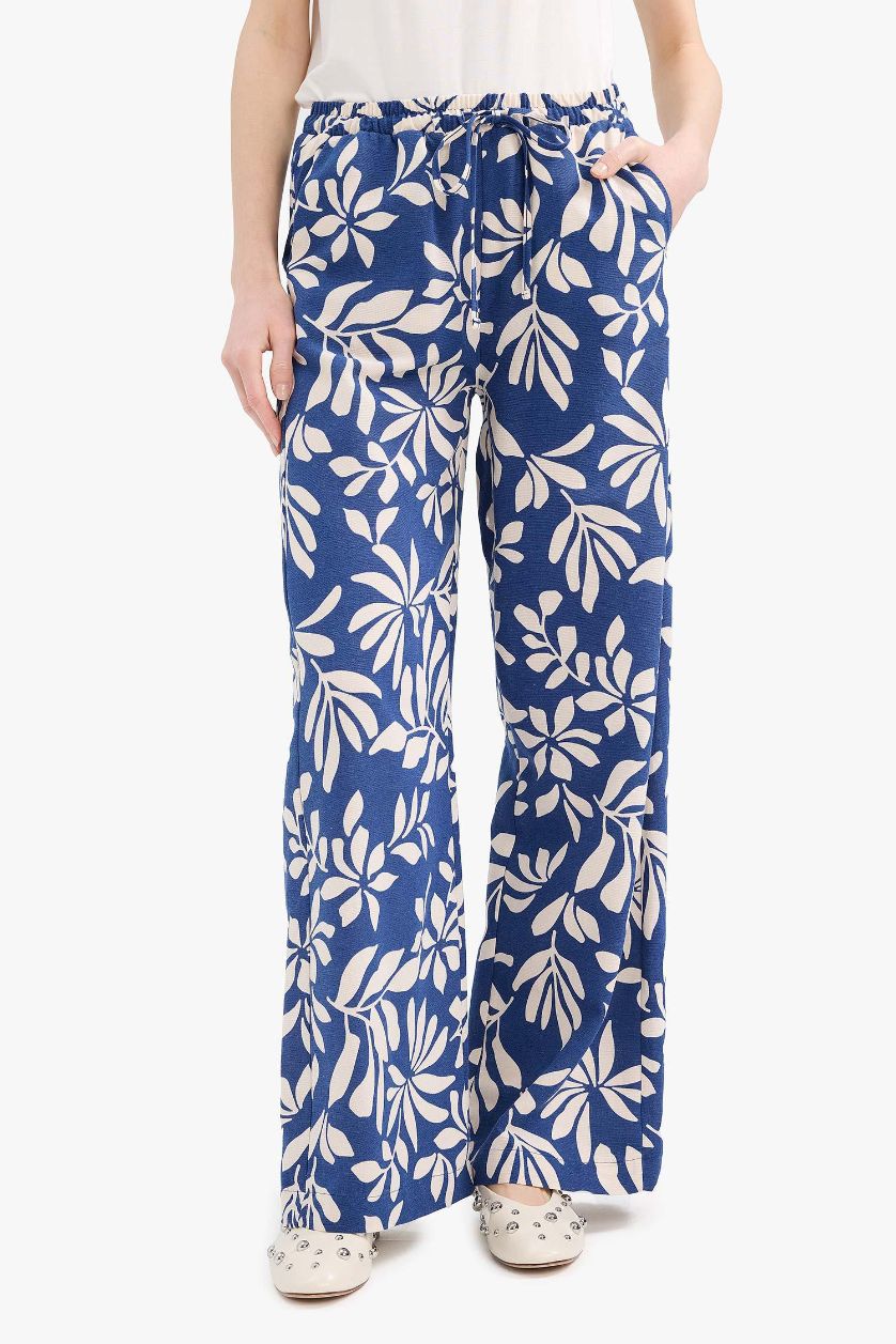 WOMAN Blue Regular Fit Patterned Straight Leg Linen Blend Trousers