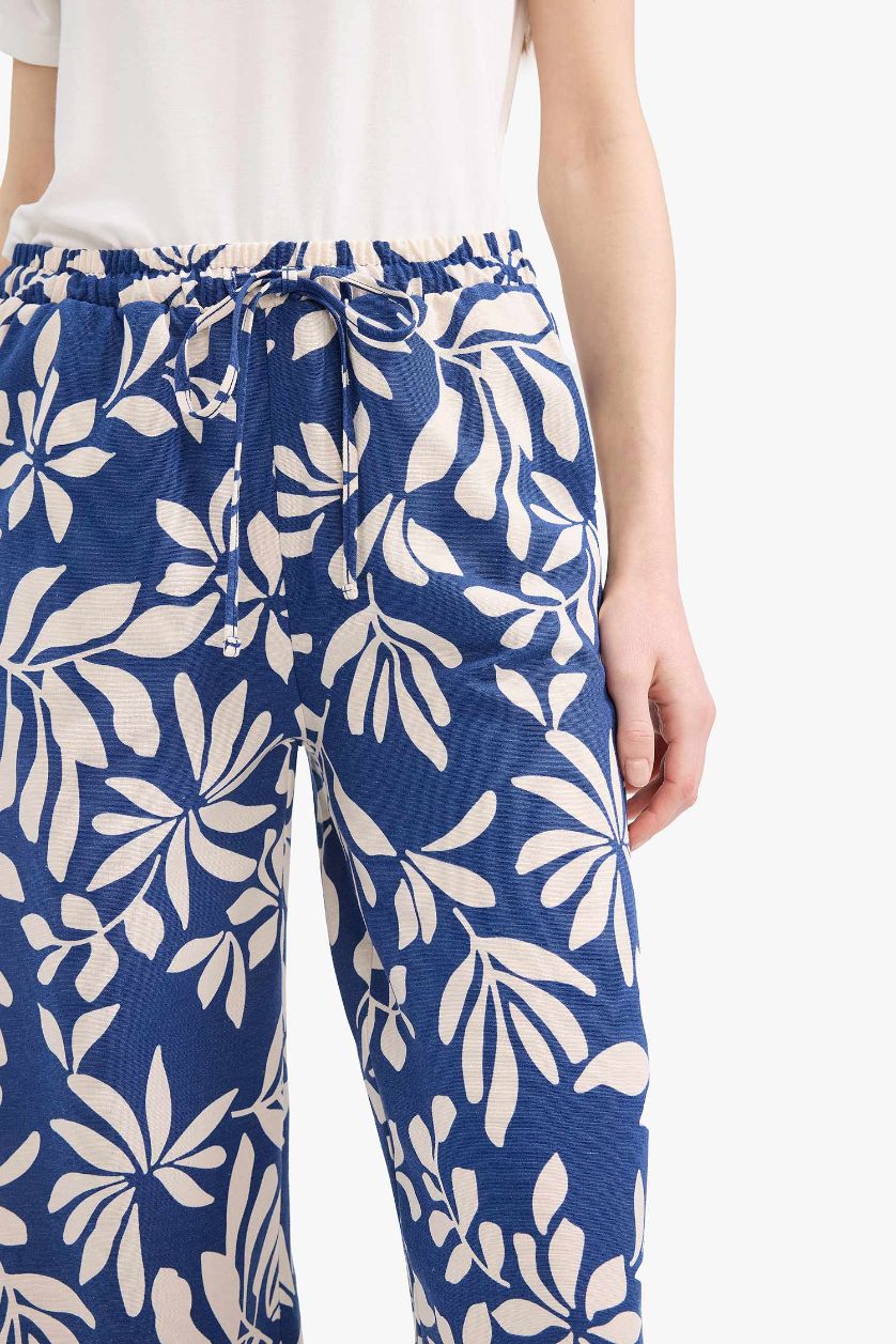 WOMAN Blue Regular Fit Patterned Straight Leg Linen Blend Trousers