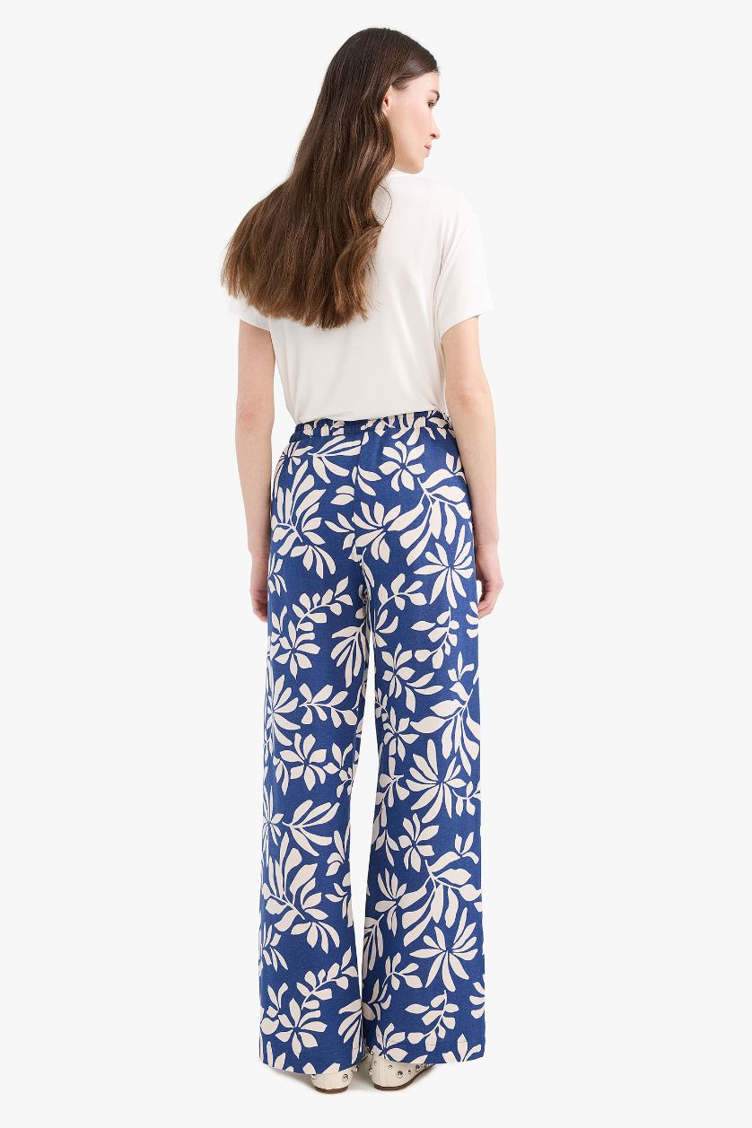 WOMAN Blue Regular Fit Patterned Straight Leg Linen Blend Trousers